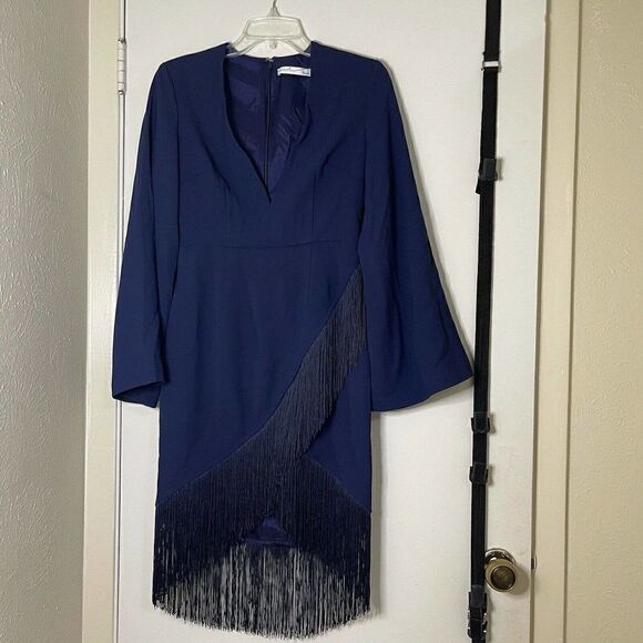 by egreis jocelyn navy blue fringe overlap long sleeve dress size small - Picture 2 of 7